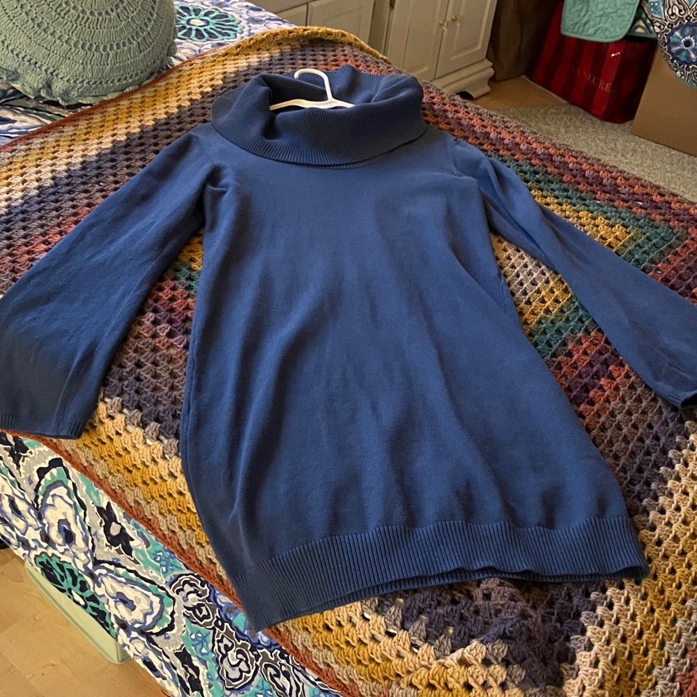 Slate Blue Cowl Neck Sweater Dress